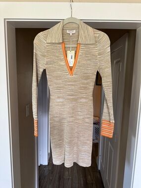 Ramy Brook Beige Ribbed Long-Sleeve Dress with Orange Trim